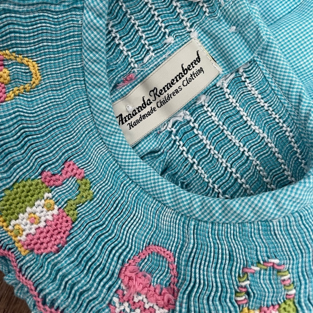 Amanda Remembered Smocked Dress Girls Size 4 Teal Purse Embroidery - Picture 3 of 6